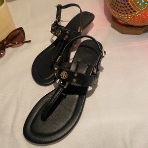 Sexy Tory Burch Womens Black Sandals with Wood Wedge Size 8.5